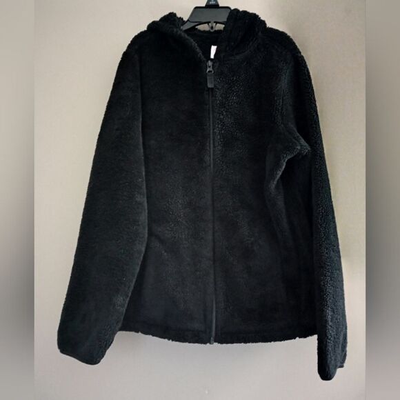 Wonder Nation Black Sherpa Hooded Zip Up Jacket Size Large 10/12 - Picture 1 of 8